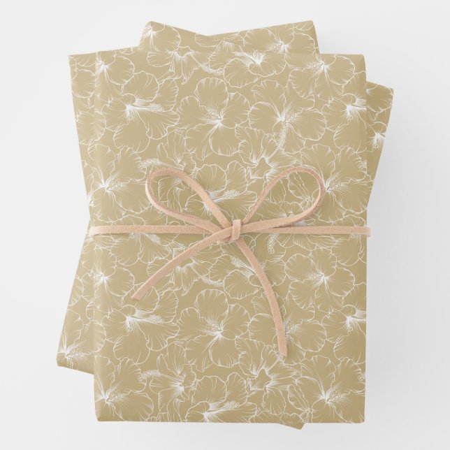 White Hibiscus Floral on Gold Wrapping Paper Sheet (In situ)