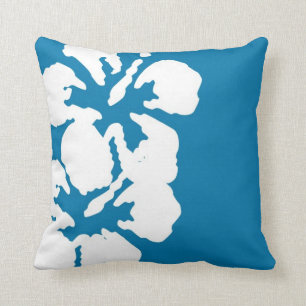 White Hibiscus Flowers Design on Blue Throw Pillow