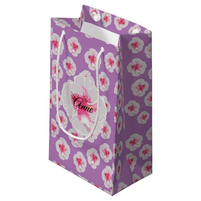 White Hibiscus Flowers Pattern Personalised Small Gift Bag (Front Angled)