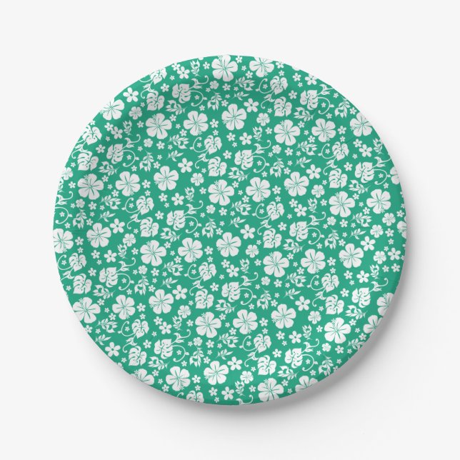 White Hibiscus on Caribbean Green Tropical Paper Plate (Front)