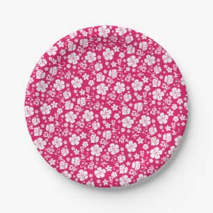 White Hibiscus on Hot Pink Tropical Hawaiian Paper Plate