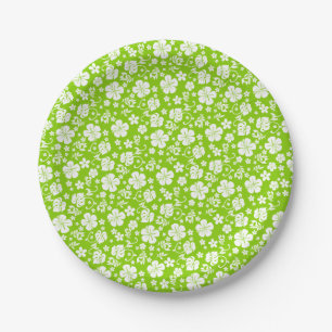 White Hibiscus on Lime Green Tropical Paper Plate
