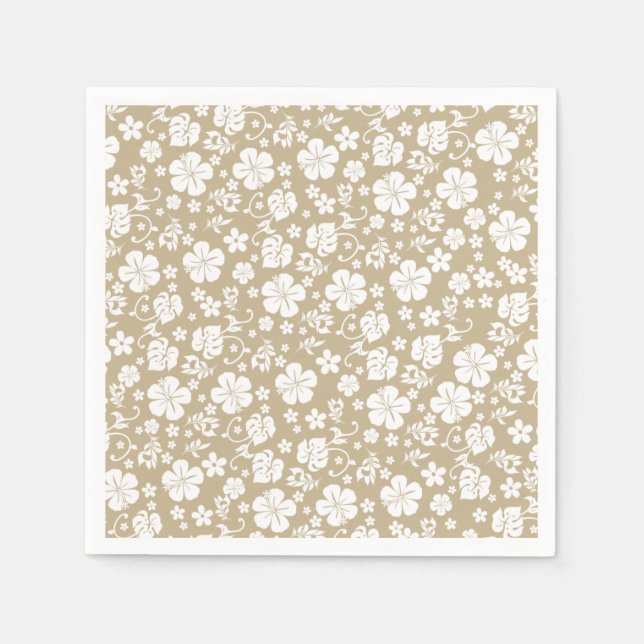 White Hibiscus on Taupe Tropical Chic Napkin (Front)