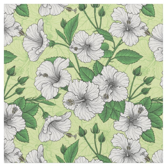 White Hibiscus Tropical Floral Pattern Fabric (Close Up)
