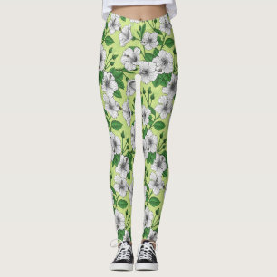White Hibiscus Tropical Floral Pattern Leggings