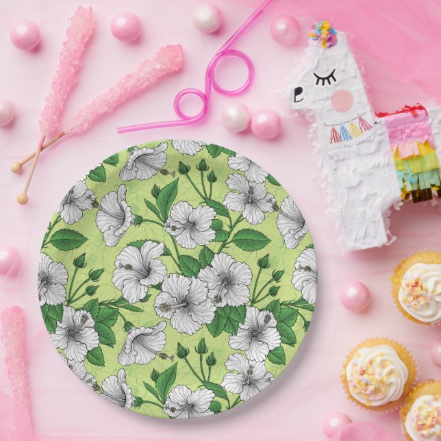 White Hibiscus Tropical Floral Pattern Paper Plate (Party)