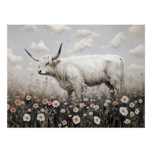 White Highland Cow Pink Wildflowers Painting Poster