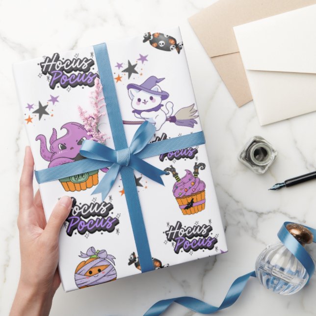 white Hocus Pocus cute Witch Cat Halloween Wrapping Paper (Gifting)