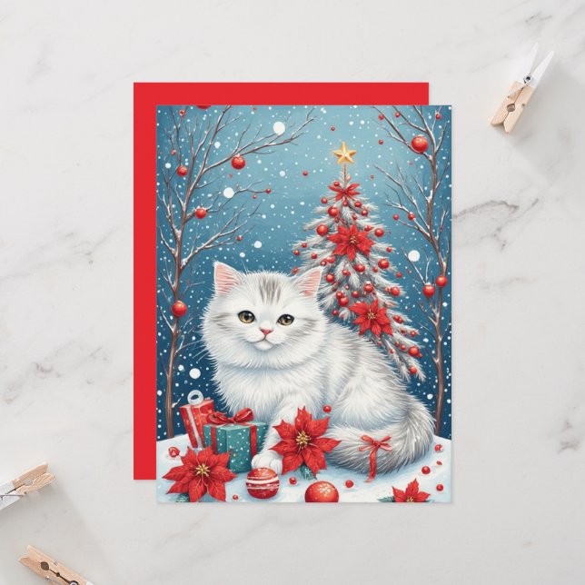 White Holiday Cat Flat Greeting Card (Front/Back In Situ)