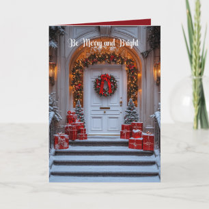 White Holiday Door Photo Wreath Arch Red Gold Card