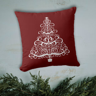 White Holiday Tree on Burgundy Red Cushion