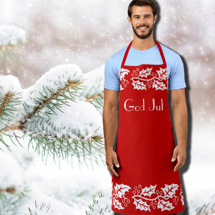 white hollies in red - God Jul Apron