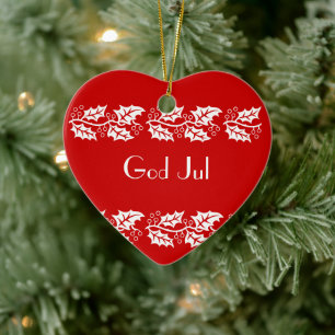 white hollies in red -  God Jul Ceramic Ornament
