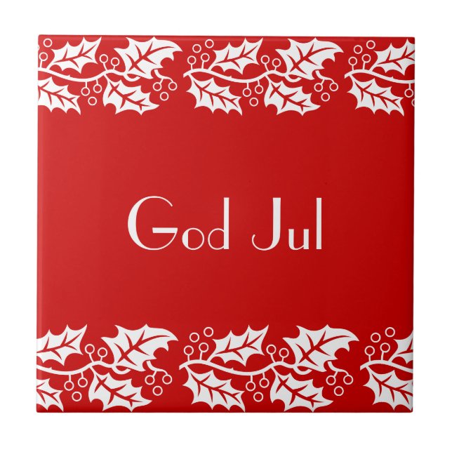 white hollies in red -  God Jul Ceramic Tile (Front)
