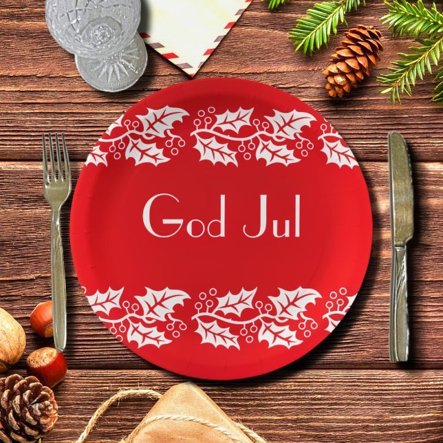 white hollies in red -  God Jul    Paper Plate (Creator Uploaded)