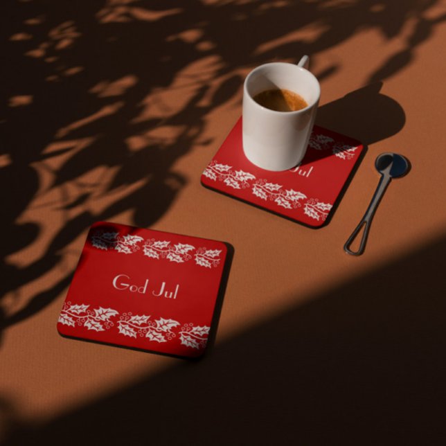 white hollies in red -  God Jul Square Paper Coaster (Creator Uploaded)