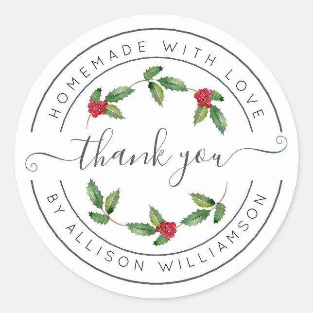 White Holly Christmas Thank You Classic Round Sticker (Front)
