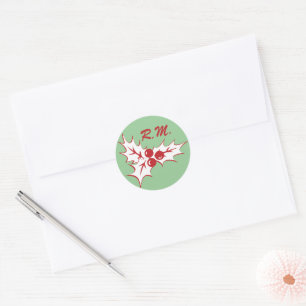 White Holly Leaves Custom Initials Holiday Sticker