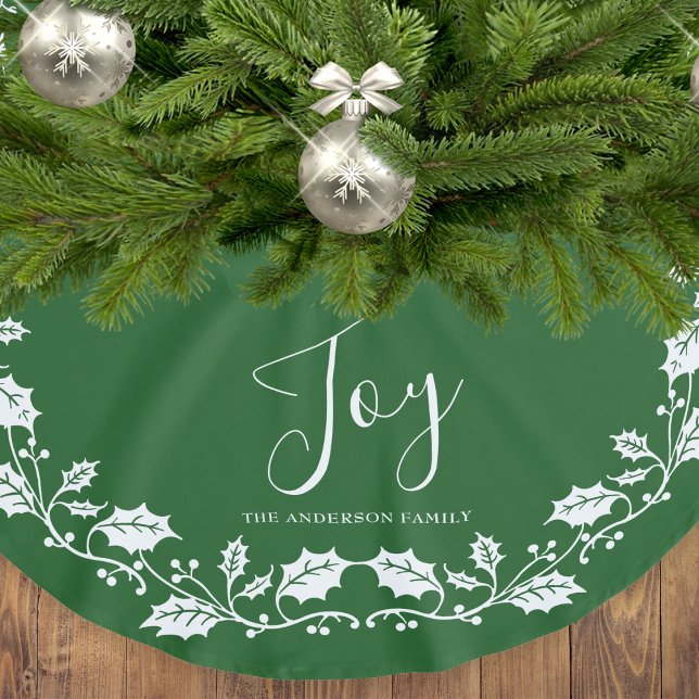White Holly Leaves Joy Script Christmas Brushed Polyester Tree Skirt (Creator Uploaded)