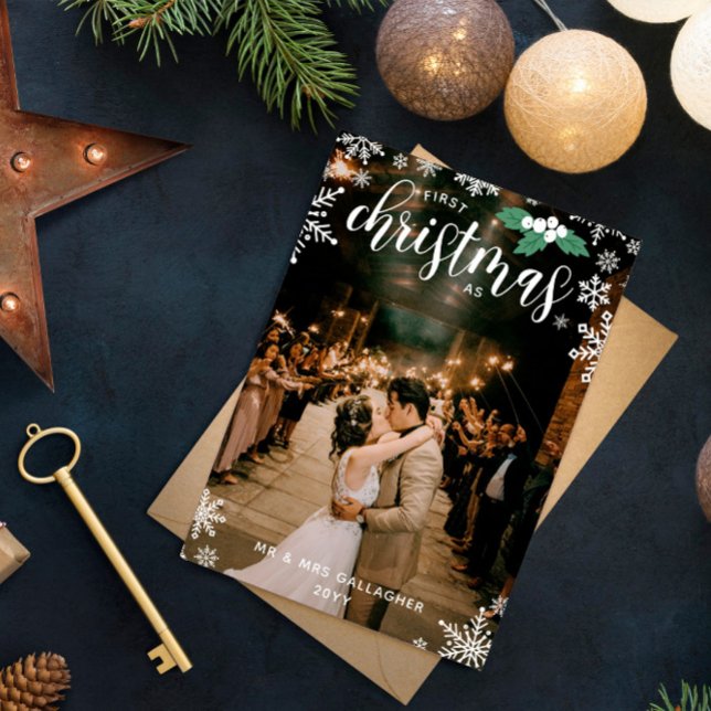 White Holly Snowflakes 1st Christmas Wedding Photo Holiday Card (Creator Uploaded)