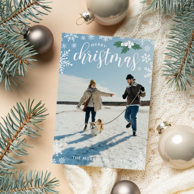White Holly Snowflakes Merry Christmas Photo Holiday Card (Creator Uploaded)