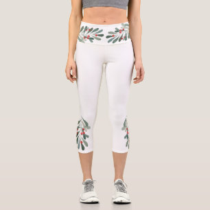 White Holly Sprigs with Red Berries Capri Leggings