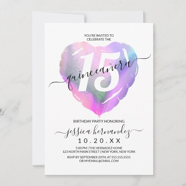 White Holographic Foil Heart Balloon Quinceañera Invitation (Front)