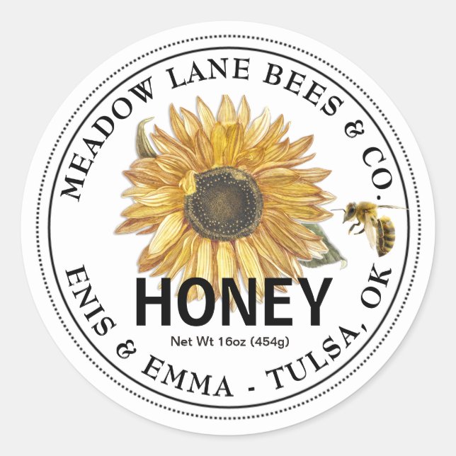 White Honey Label with Sunflower and Honeybee (Front)