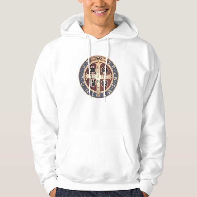 White Hooded Sweatshirt with Medal of St. Benedict (Front)