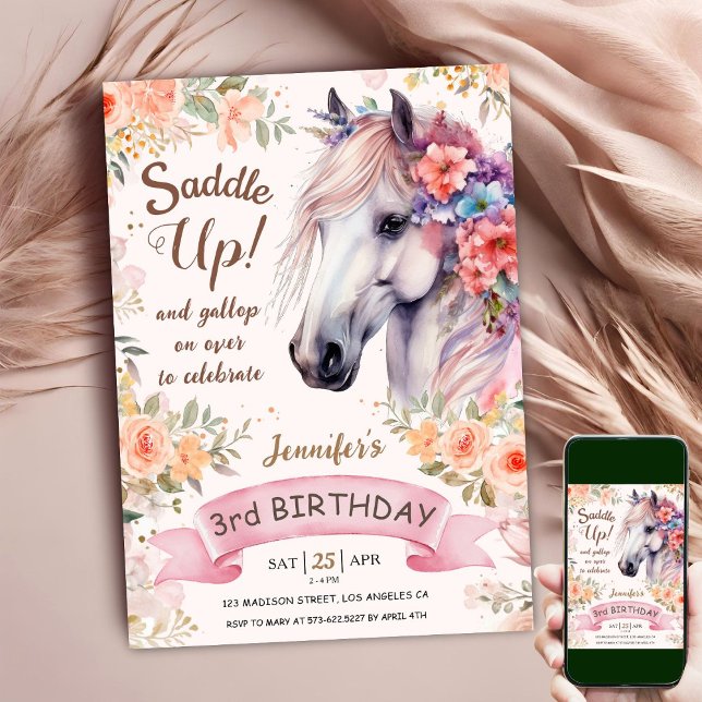 White Horse 3rd Birthday Floral Girl Saddle Up Invitation (Creator Uploaded)