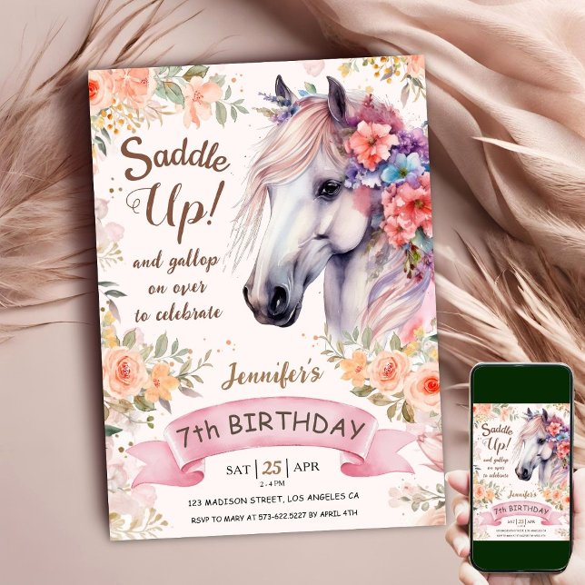 White Horse 7th Birthday Floral Girl Saddle Up Invitation (Creator Uploaded)