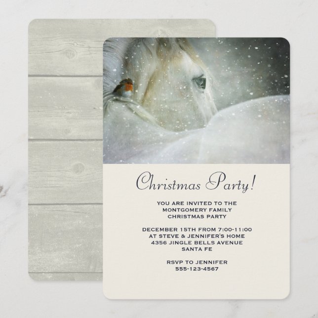 White Horse and Bird in Winter Christmas Party Invitation (Front/Back)