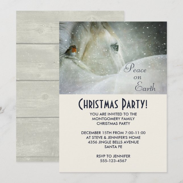 White Horse and Bird in Winter Christmas Party Invitation (Front/Back)