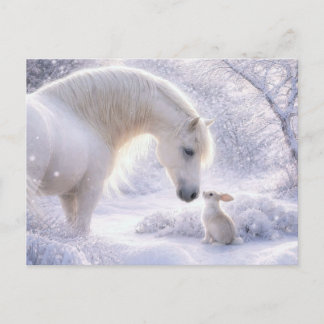White Horse and Bunny Snow Christmas Holiday Postcard
