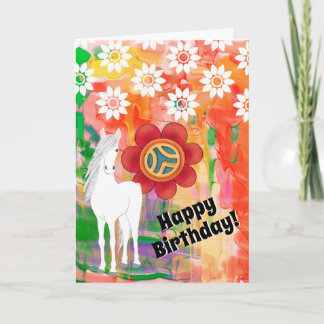 White Horse and Flowers Colourful Birthday Card