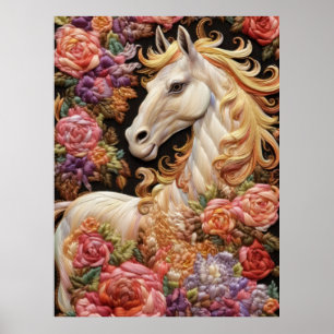 White Horse and Roses 3D Embroidery Art Poster