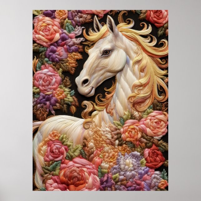 White Horse and Roses 3D Embroidery Art Poster (Front)