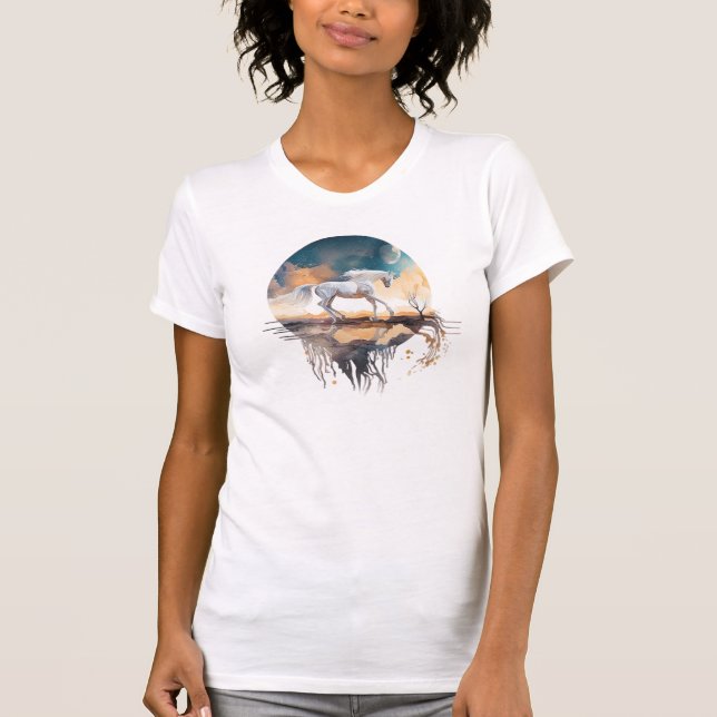 White Horse and the moon reflection on ocean T-Shirt (Front)