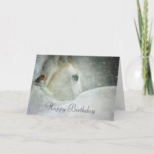 White Horse & Bird in a Winter Snowfall Birthday Card