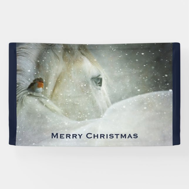 White Horse & Bird in a Winter Snowfall Christmas Banner (Horizontal)