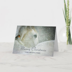 White Horse & Bird in a Winter Snowfall Christmas Card