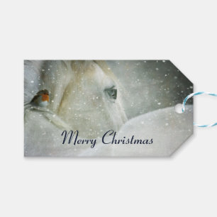 White Horse & Bird in a Winter Snowfall Christmas Gift Tags
