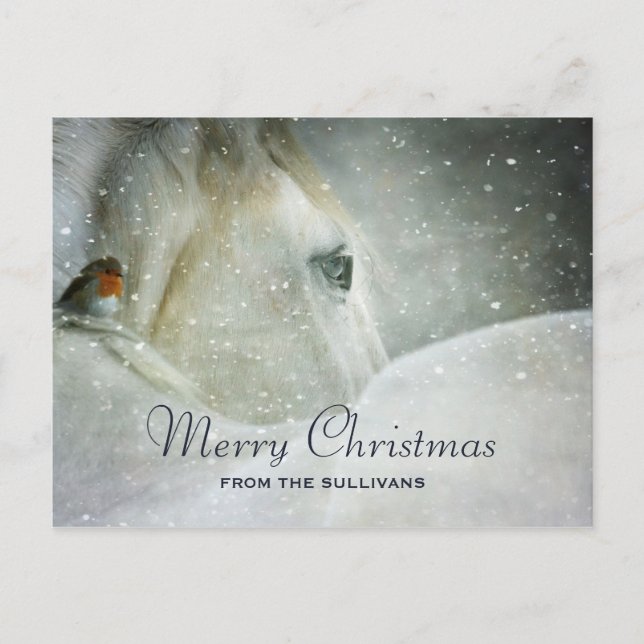 White Horse & Bird in a Winter Snowfall Christmas Holiday Postcard (Front)