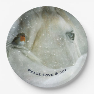 White Horse & Bird in a Winter Snowfall Christmas Paper Plate