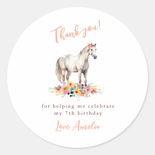 White Horse Birthday Party Floral Pink Thank you  Classic Round Sticker (Front)