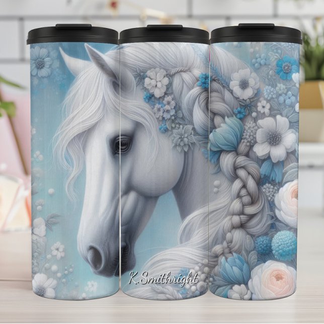 White Horse Blue Floral Elegance Thermal Tumbler (Creator Uploaded)