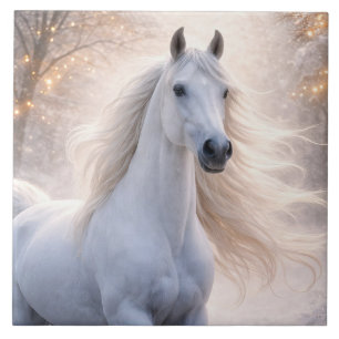 White Horse Christmas Lights Snow Pretty Ceramic Tile