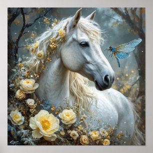 🐎 White Horse Dragonfly And White Roses Dream  Poster