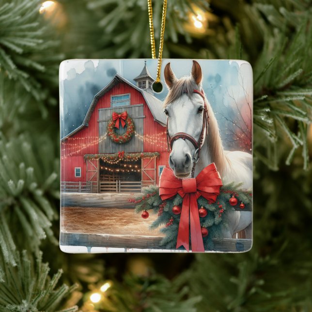 White Horse Festive Farm Christmas Personalised Ceramic Ornament (Tree)
