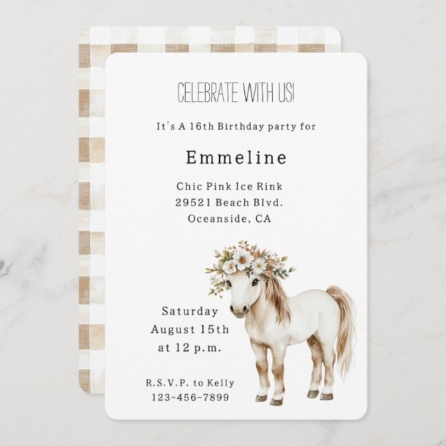 White Horse Floral 16th Birthday Invitation (Front/Back)